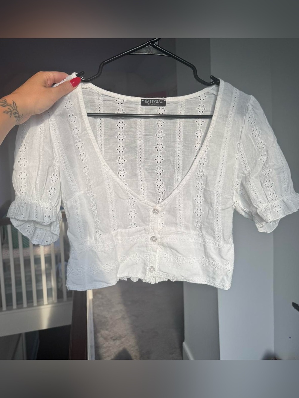 Nasty Gal White Eyelet V-Neck Crop Blouse